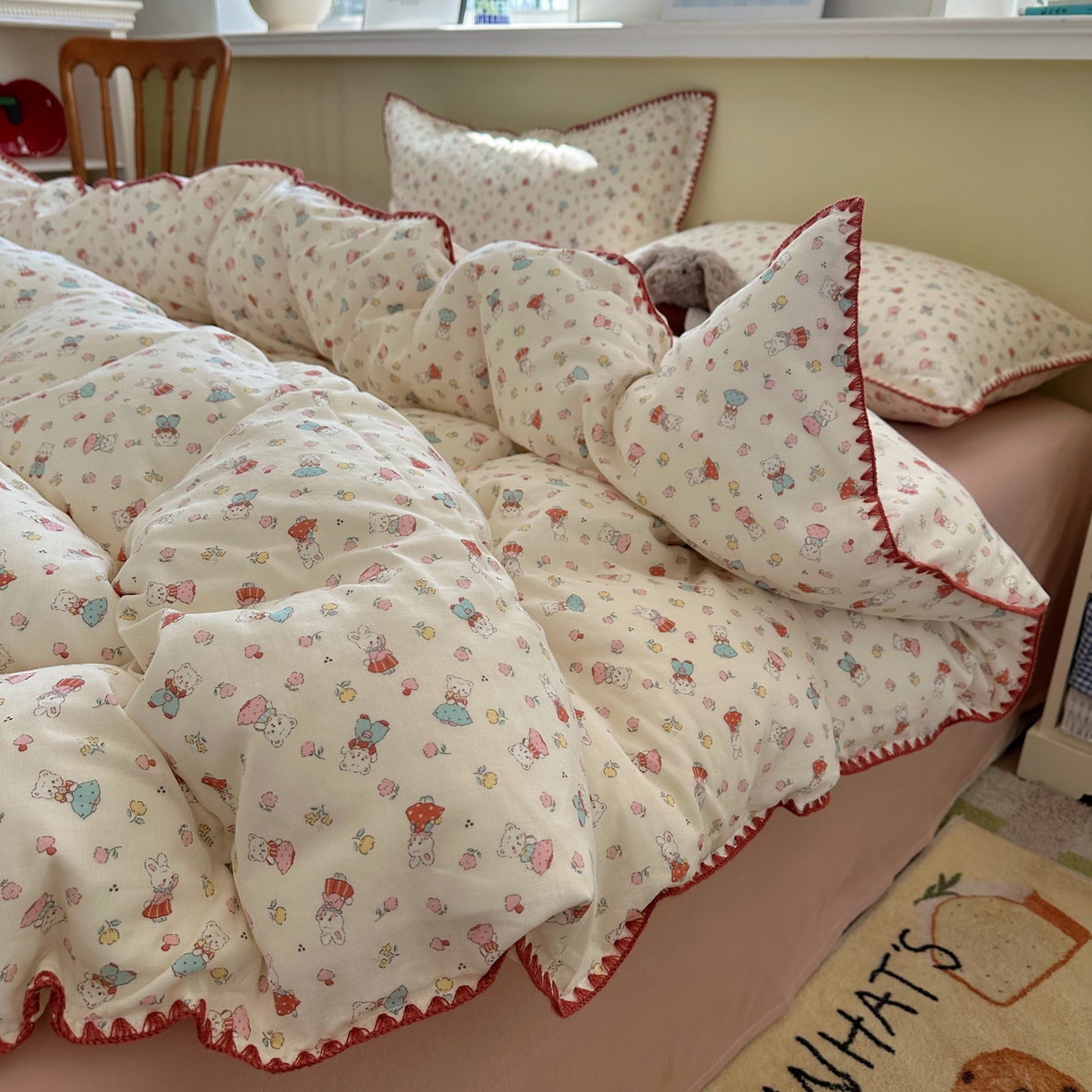 91家纺网 家纺一手货源 找家纺 瑞莱 2026新款A类全棉纯棉有氧双层纱四件套 白熊小姐