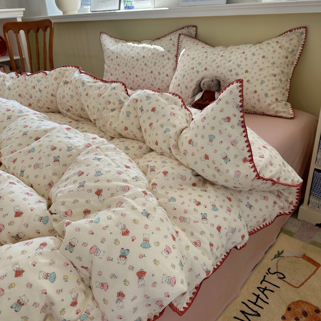 91家纺网 家纺一手货源 找家纺 瑞莱 2026新款A类全棉纯棉有氧双层纱四件套 白熊小姐