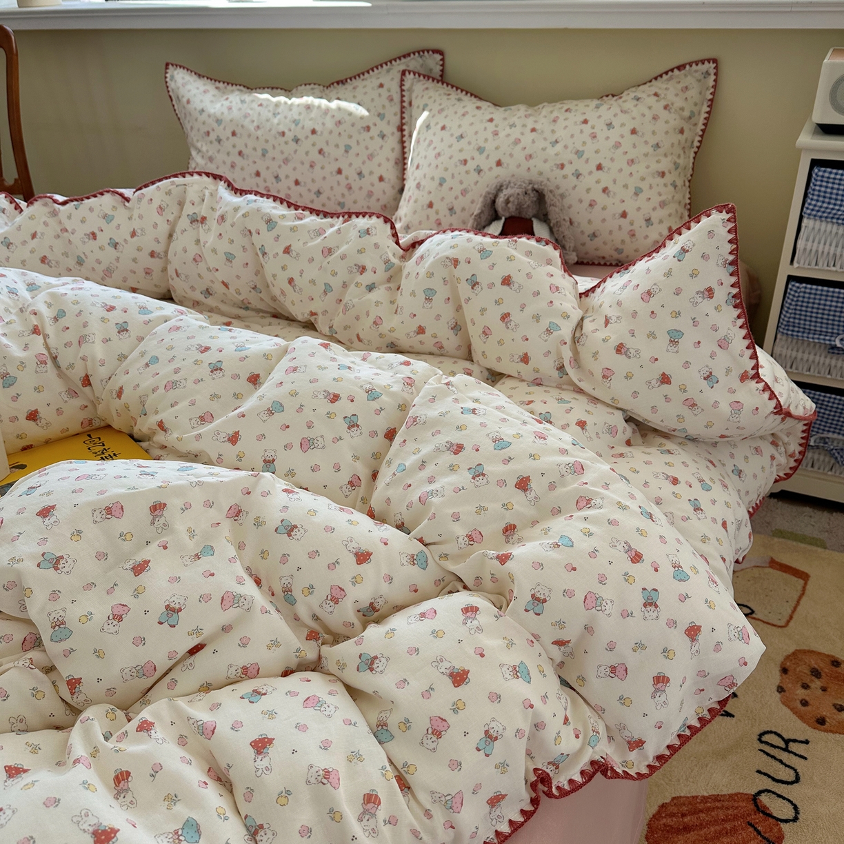 91家纺网 家纺一手货源 找家纺 瑞莱 2026新款A类全棉纯棉有氧双层纱四件套 白熊小姐