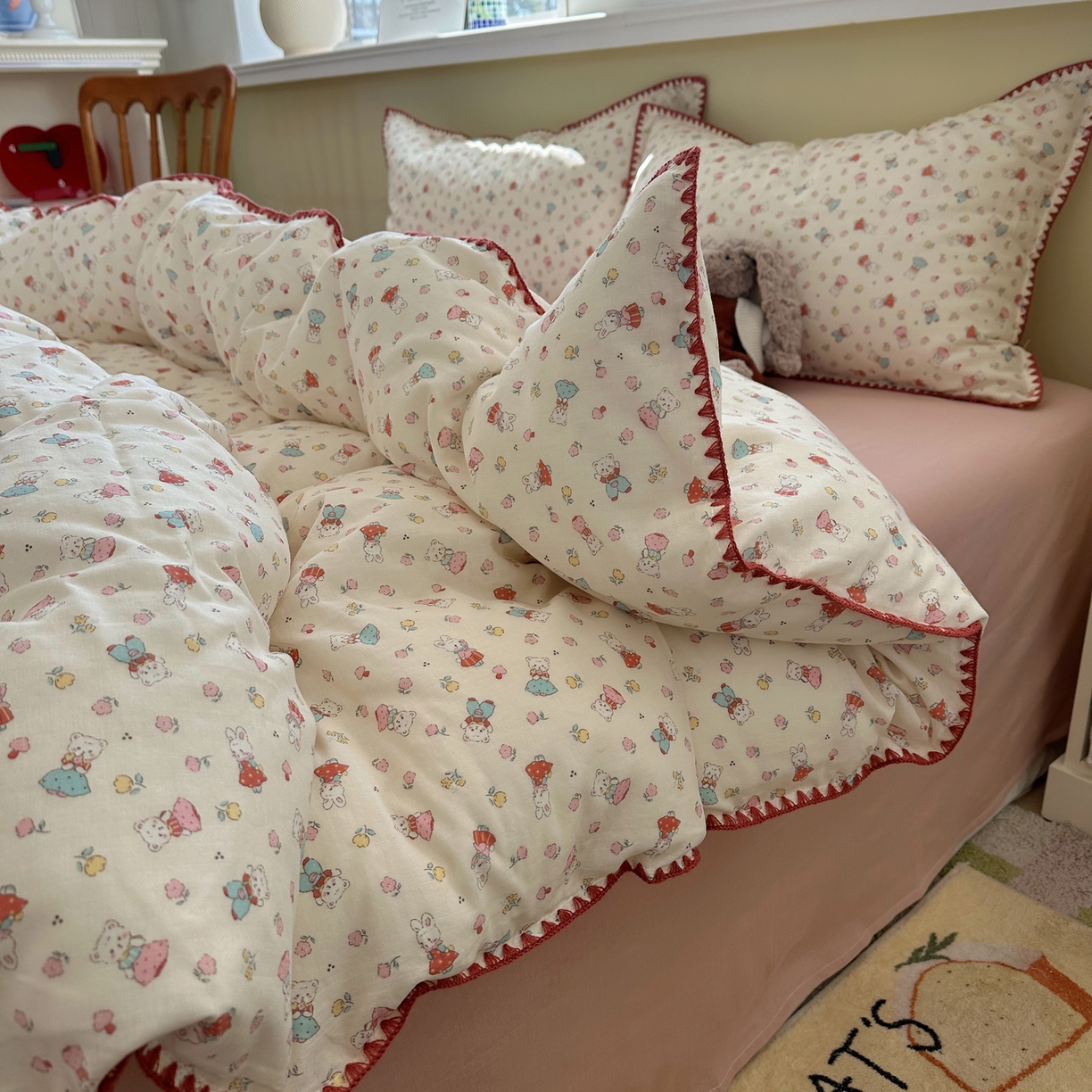 91家纺网 家纺一手货源 找家纺 瑞莱 2026新款A类全棉纯棉有氧双层纱四件套 白熊小姐