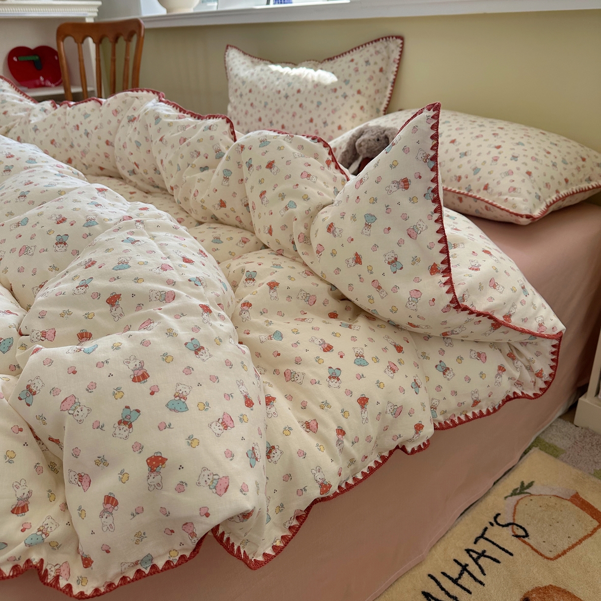 91家纺网 家纺一手货源 找家纺 瑞莱 2026新款A类全棉纯棉有氧双层纱四件套 白熊小姐