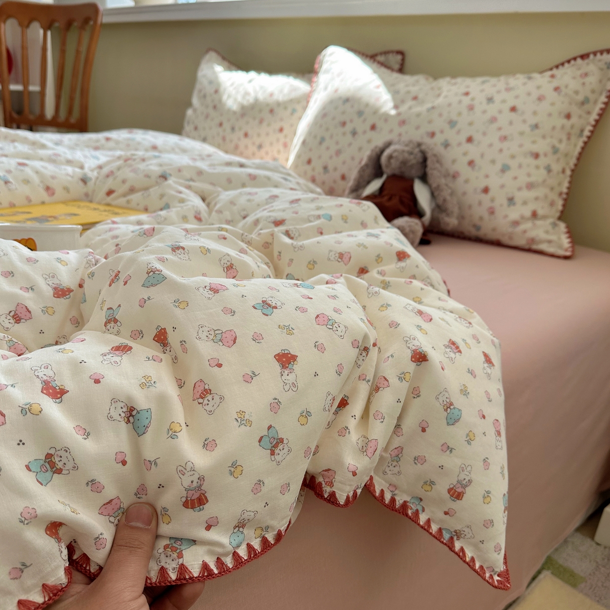 91家纺网 家纺一手货源 找家纺 瑞莱 2026新款A类全棉纯棉有氧双层纱四件套 白熊小姐