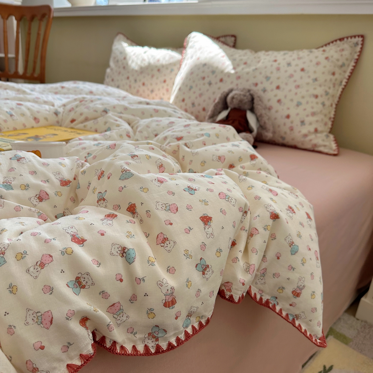 91家纺网 家纺一手货源 找家纺 瑞莱 2026新款A类全棉纯棉有氧双层纱四件套 白熊小姐