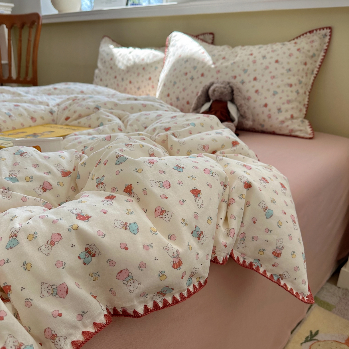 91家纺网 家纺一手货源 找家纺 瑞莱 2026新款A类全棉纯棉有氧双层纱四件套 白熊小姐