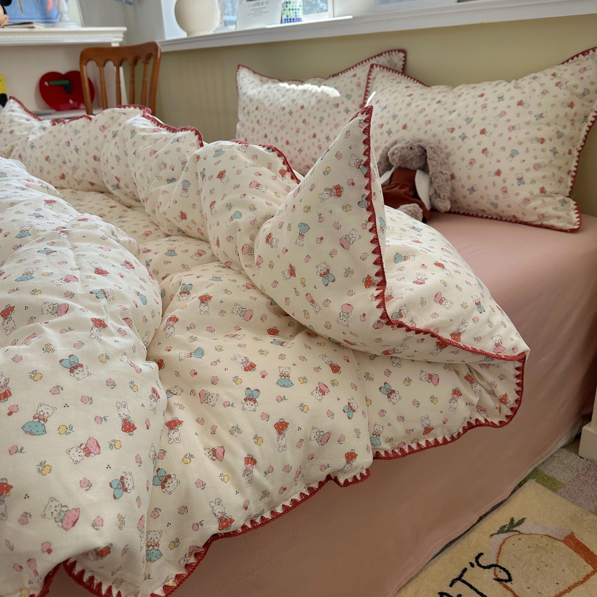 91家纺网 家纺一手货源 找家纺 瑞莱 2026新款A类全棉纯棉有氧双层纱四件套 白熊小姐