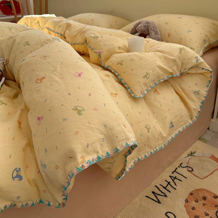 91家纺网 家纺一手货源 找家纺 瑞莱 2026新款A类全棉纯棉有氧双层纱四件套 彩色木马