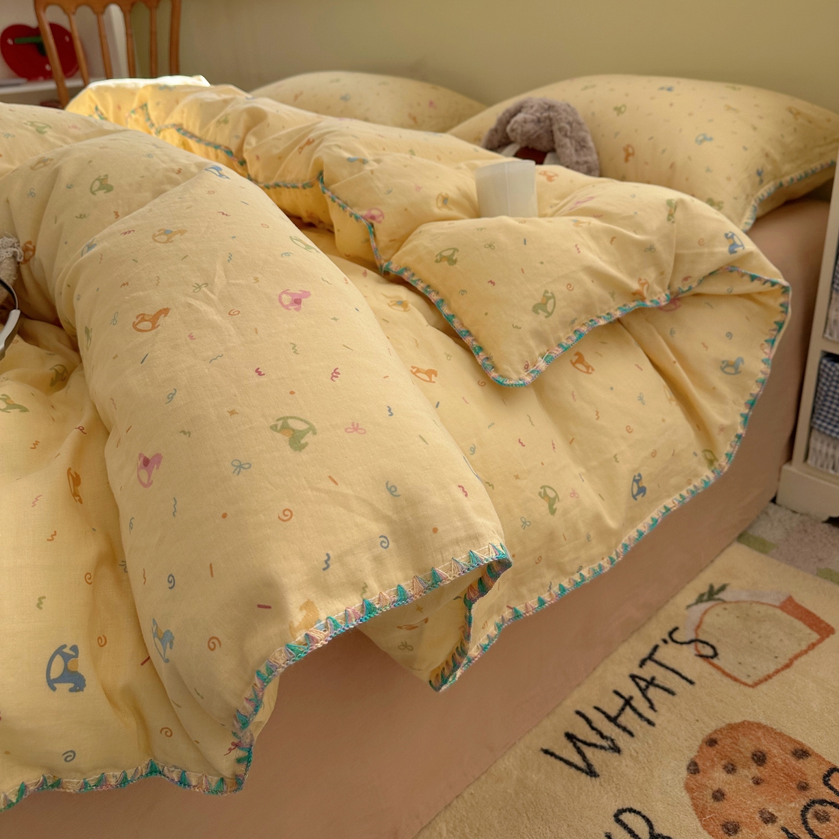 91家纺网 家纺一手货源 找家纺 瑞莱 2026新款A类全棉纯棉有氧双层纱四件套 彩色木马