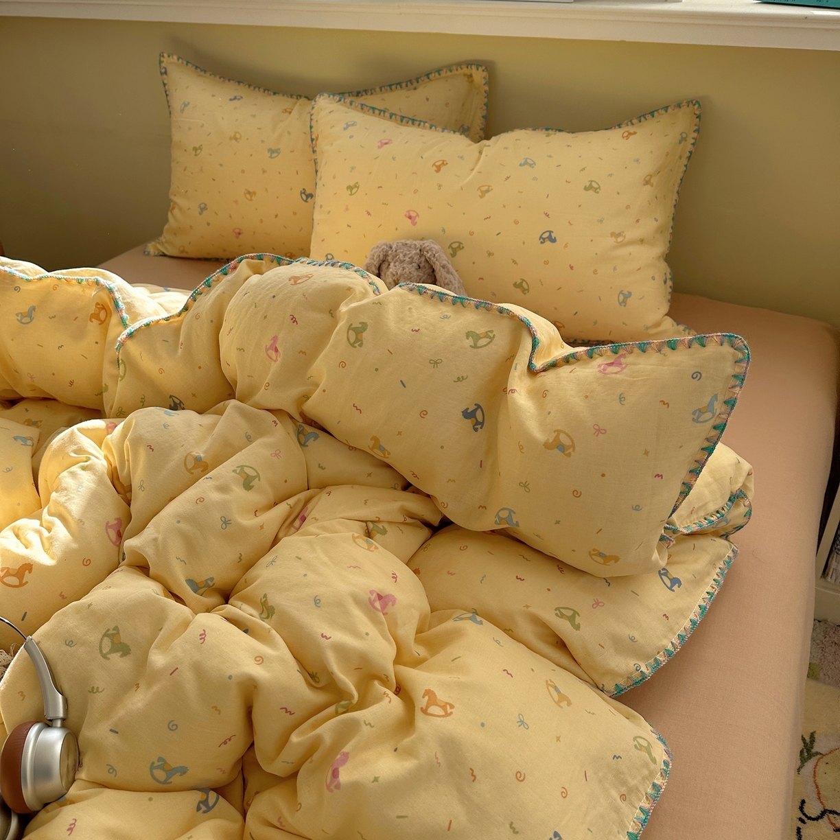 91家纺网 家纺一手货源 找家纺 瑞莱 2026新款A类全棉纯棉有氧双层纱四件套 彩色木马