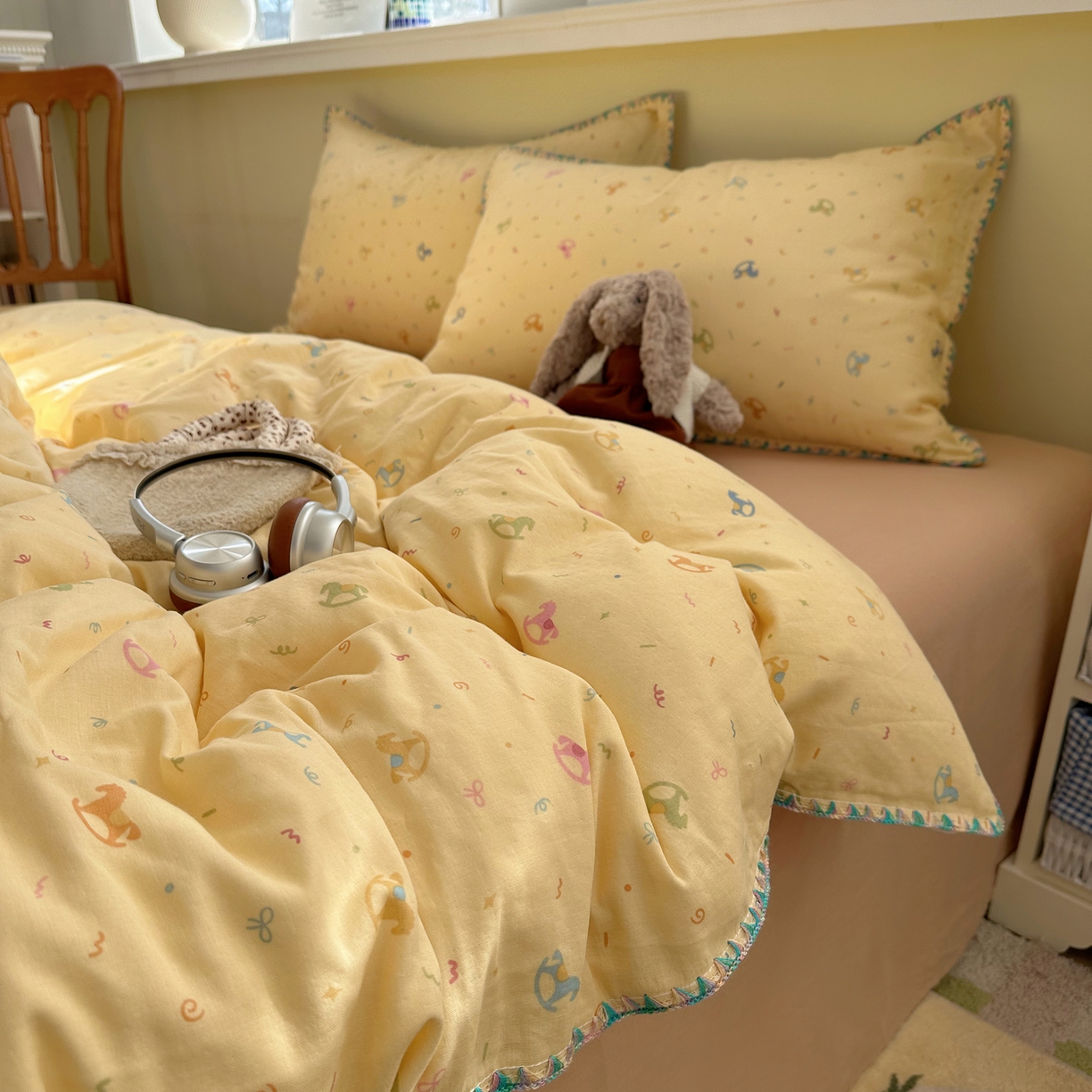 91家纺网 家纺一手货源 找家纺 瑞莱 2026新款A类全棉纯棉有氧双层纱四件套 彩色木马