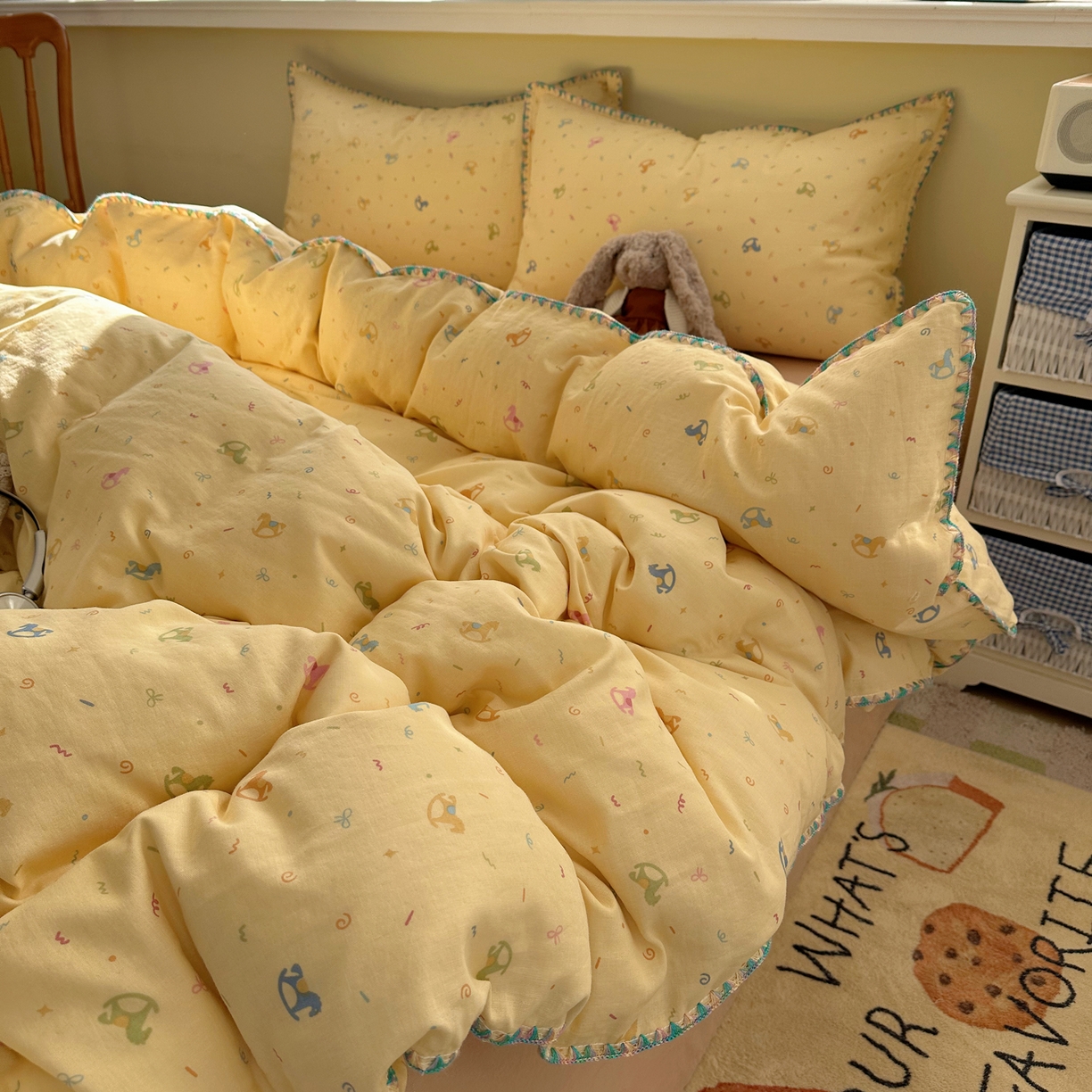 91家纺网 家纺一手货源 找家纺 瑞莱 2026新款A类全棉纯棉有氧双层纱四件套 彩色木马