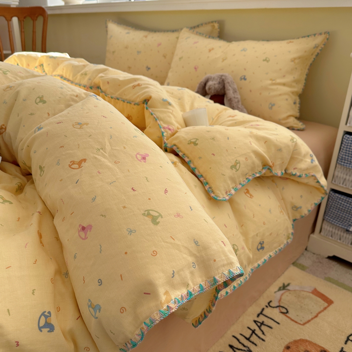 91家纺网 家纺一手货源 找家纺 瑞莱 2026新款A类全棉纯棉有氧双层纱四件套 彩色木马