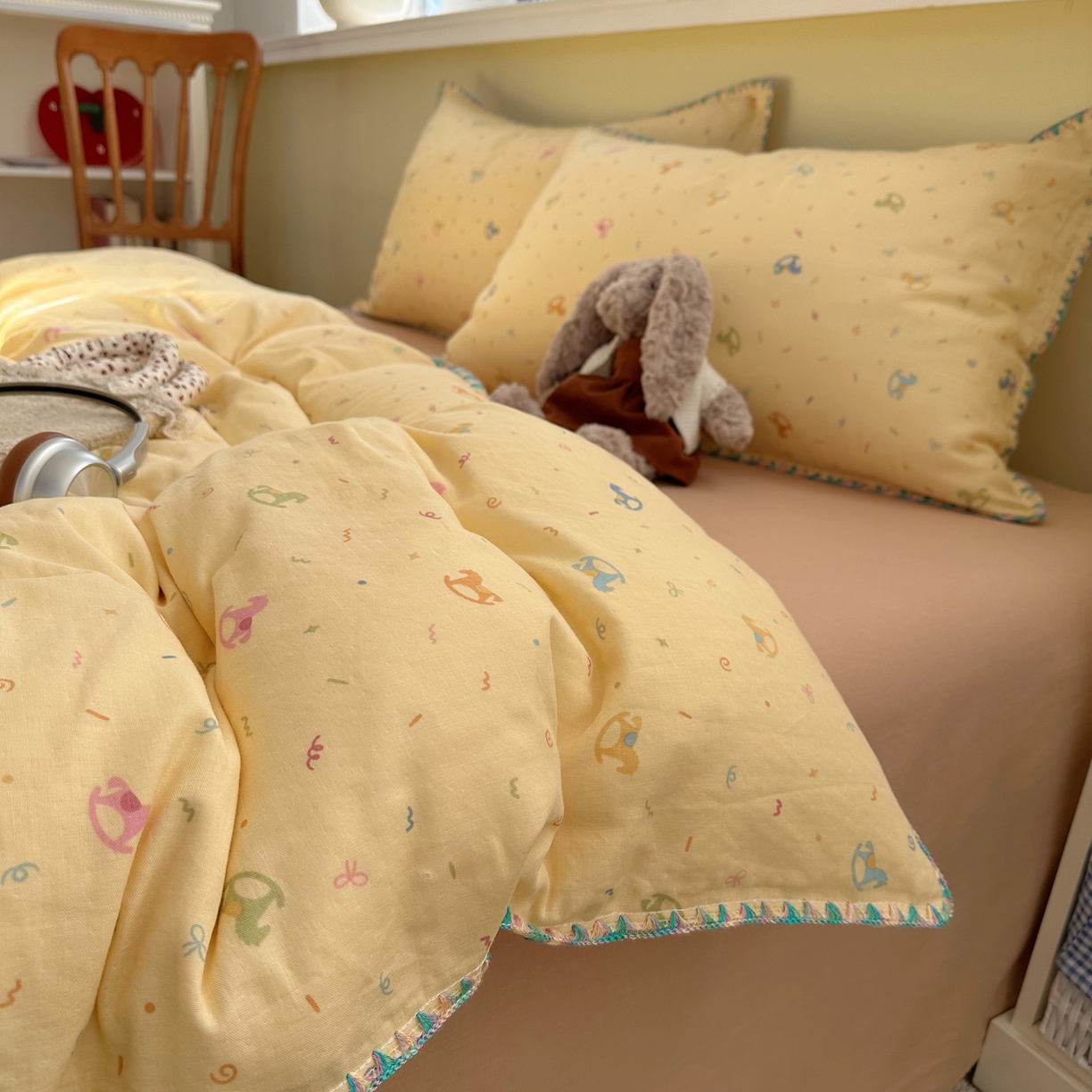 91家纺网 家纺一手货源 找家纺 瑞莱 2026新款A类全棉纯棉有氧双层纱四件套 彩色木马