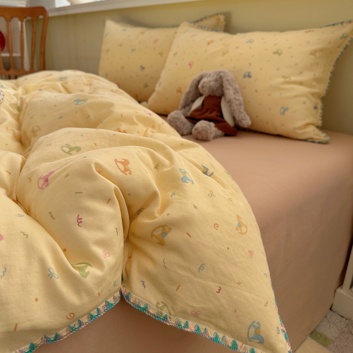 91家纺网 家纺一手货源 找家纺 瑞莱 2026新款A类全棉纯棉有氧双层纱四件套 彩色木马