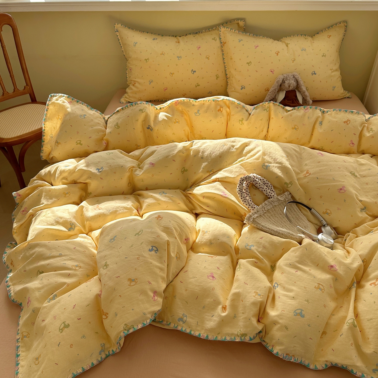 91家纺网 家纺一手货源 找家纺 瑞莱 2026新款A类全棉纯棉有氧双层纱四件套 彩色木马