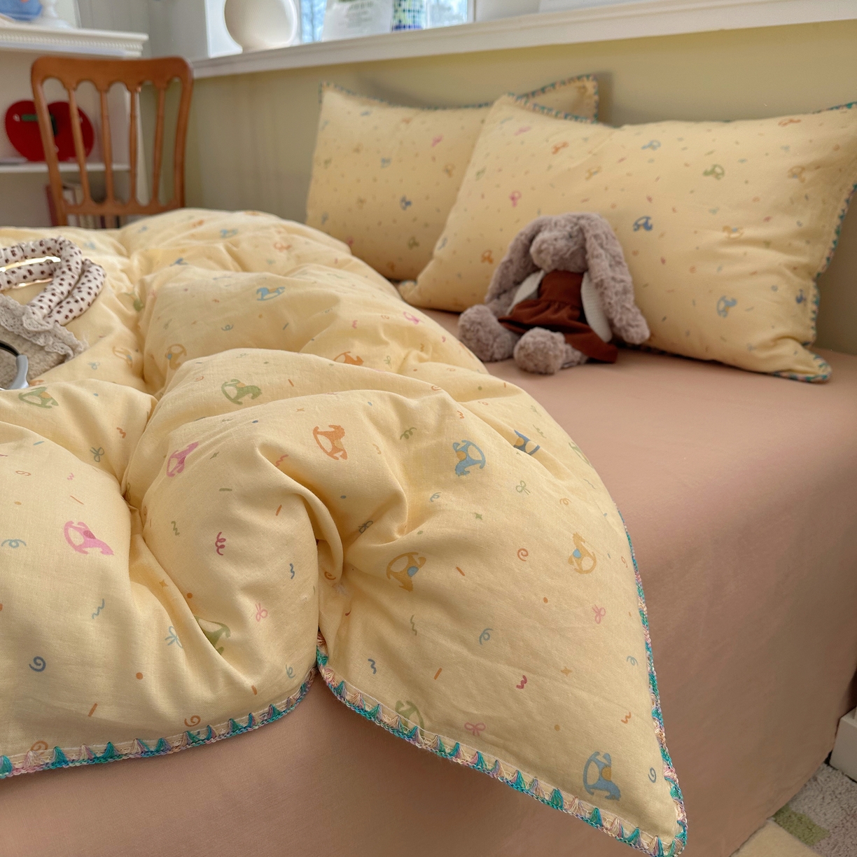 91家纺网 家纺一手货源 找家纺 瑞莱 2026新款A类全棉纯棉有氧双层纱四件套 彩色木马