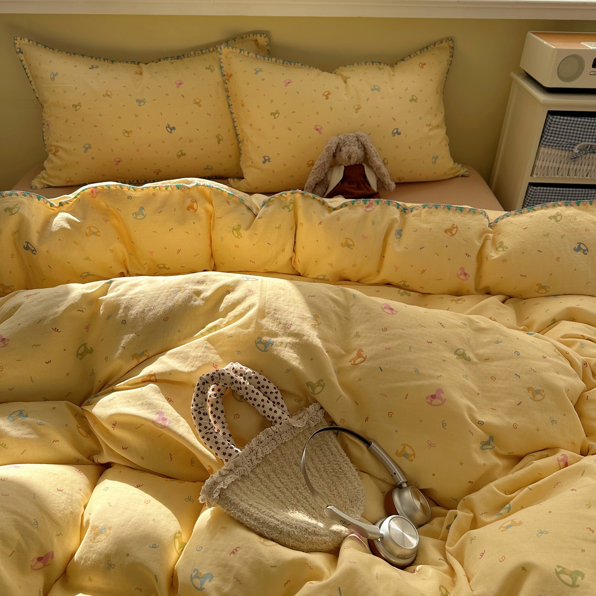 91家纺网 家纺一手货源 找家纺 瑞莱 2026新款A类全棉纯棉有氧双层纱四件套 彩色木马