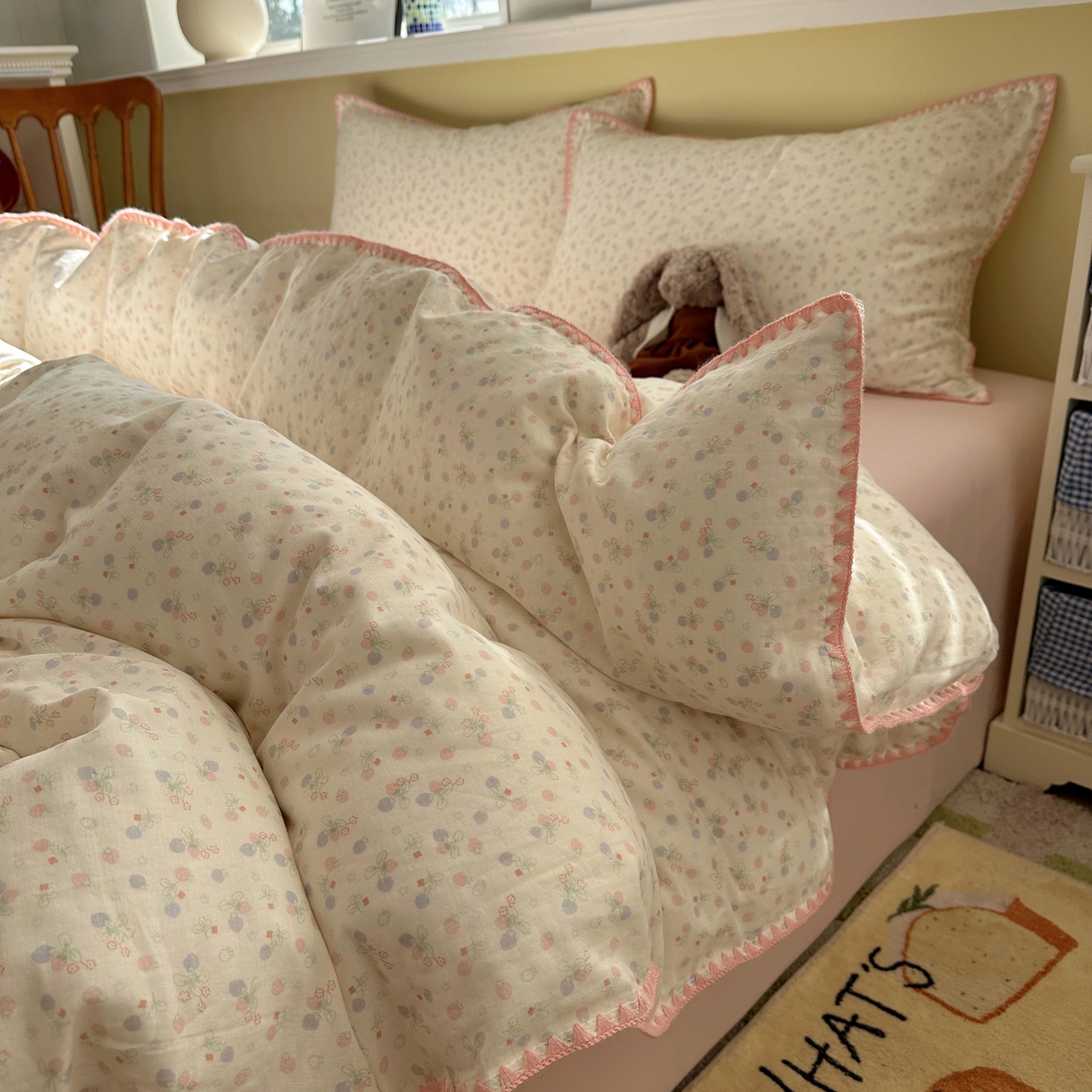 瑞莱 2026新款A类全棉纯棉有氧双层纱四件套 淡彩花笺