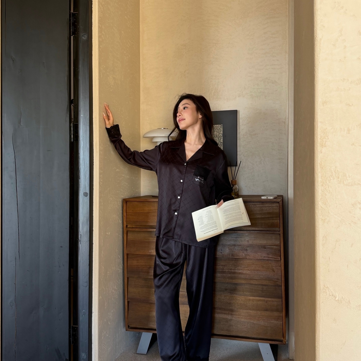 妍景家居生活馆 2026春夏新款冰雪丝-蕾丝网格套装家居服 冰雪丝-蕾丝网格套装-黑色