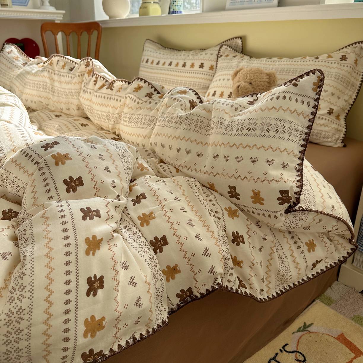 瑞莱 2026新款A类全棉纯棉有氧双层纱四件套 费尔岛小熊