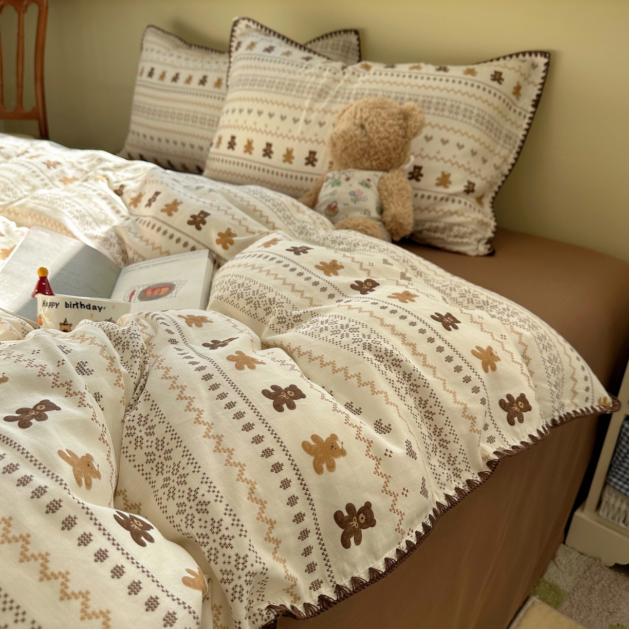 91家纺网 家纺一手货源 找家纺 瑞莱 2026新款A类全棉纯棉有氧双层纱四件套 费尔岛小熊