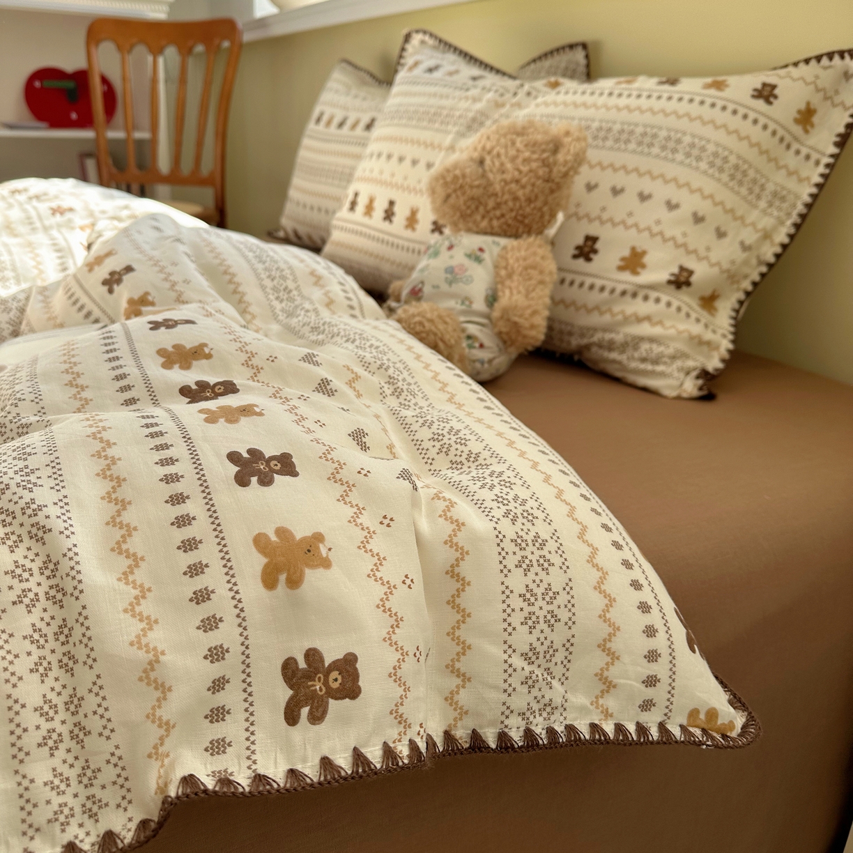 91家纺网 家纺一手货源 找家纺 瑞莱 2026新款A类全棉纯棉有氧双层纱四件套 费尔岛小熊