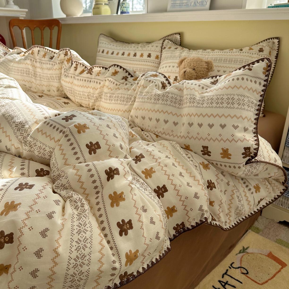 91家纺网 家纺一手货源 找家纺 瑞莱 2026新款A类全棉纯棉有氧双层纱四件套 费尔岛小熊