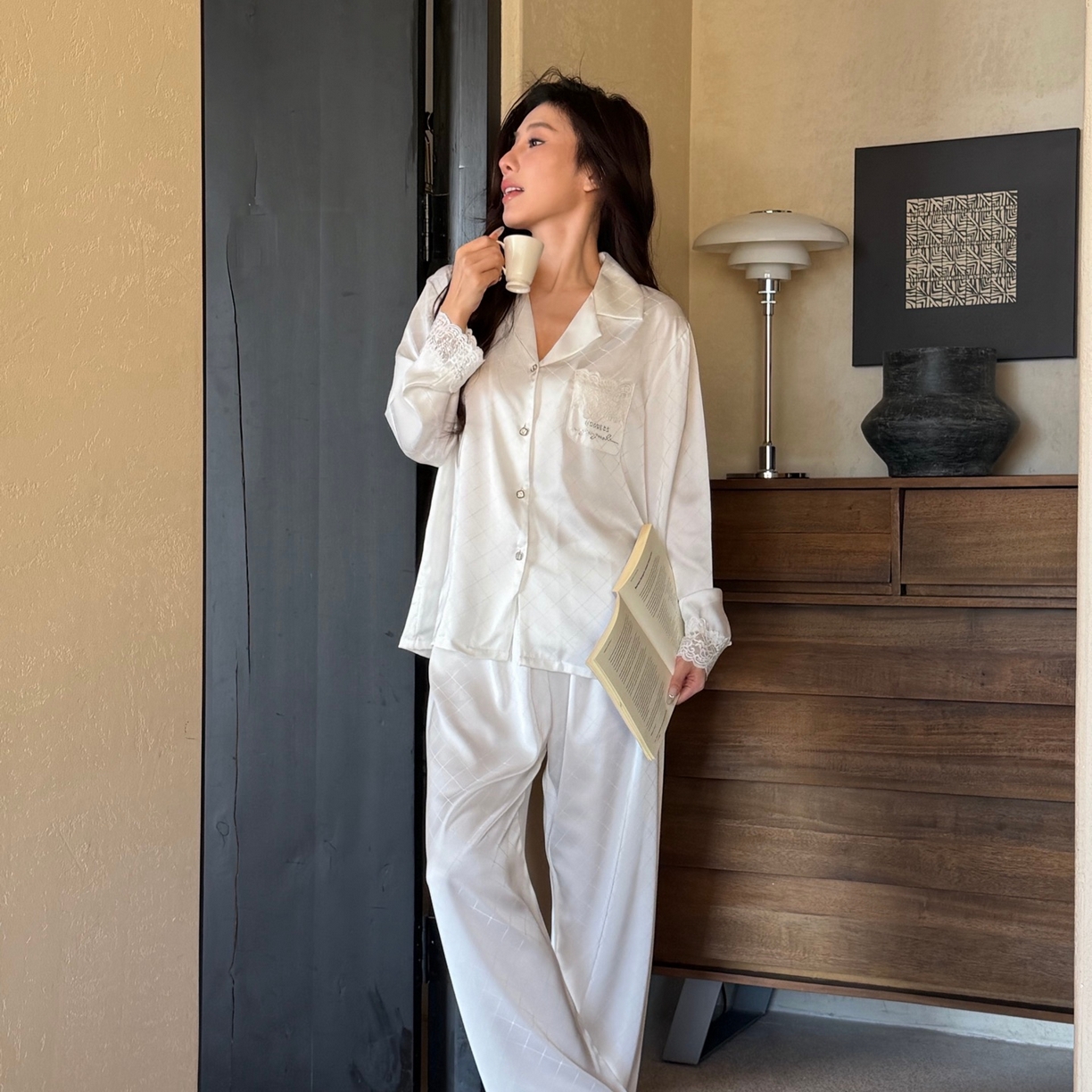 妍景家居生活馆 2026春夏新款冰雪丝-蕾丝网格套装家居服 冰雪丝-蕾丝网格套装-白色