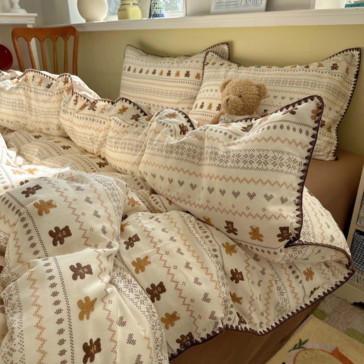 91家纺网 家纺一手货源 找家纺 瑞莱 2026新款A类全棉纯棉有氧双层纱四件套 费尔岛小熊