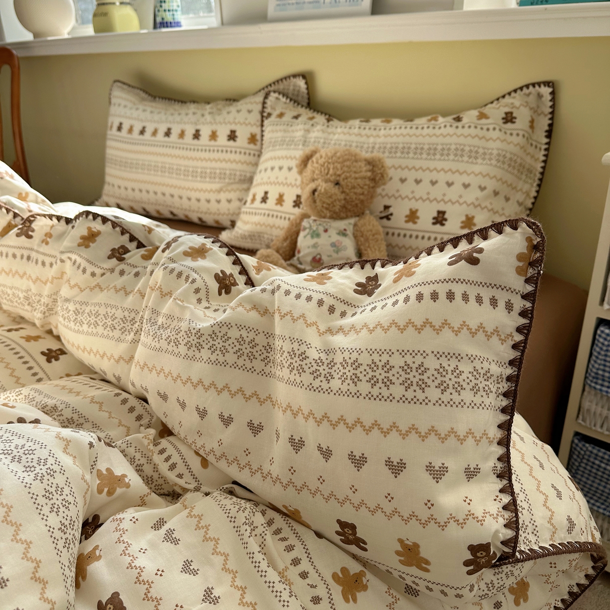 91家纺网 家纺一手货源 找家纺 瑞莱 2026新款A类全棉纯棉有氧双层纱四件套 费尔岛小熊