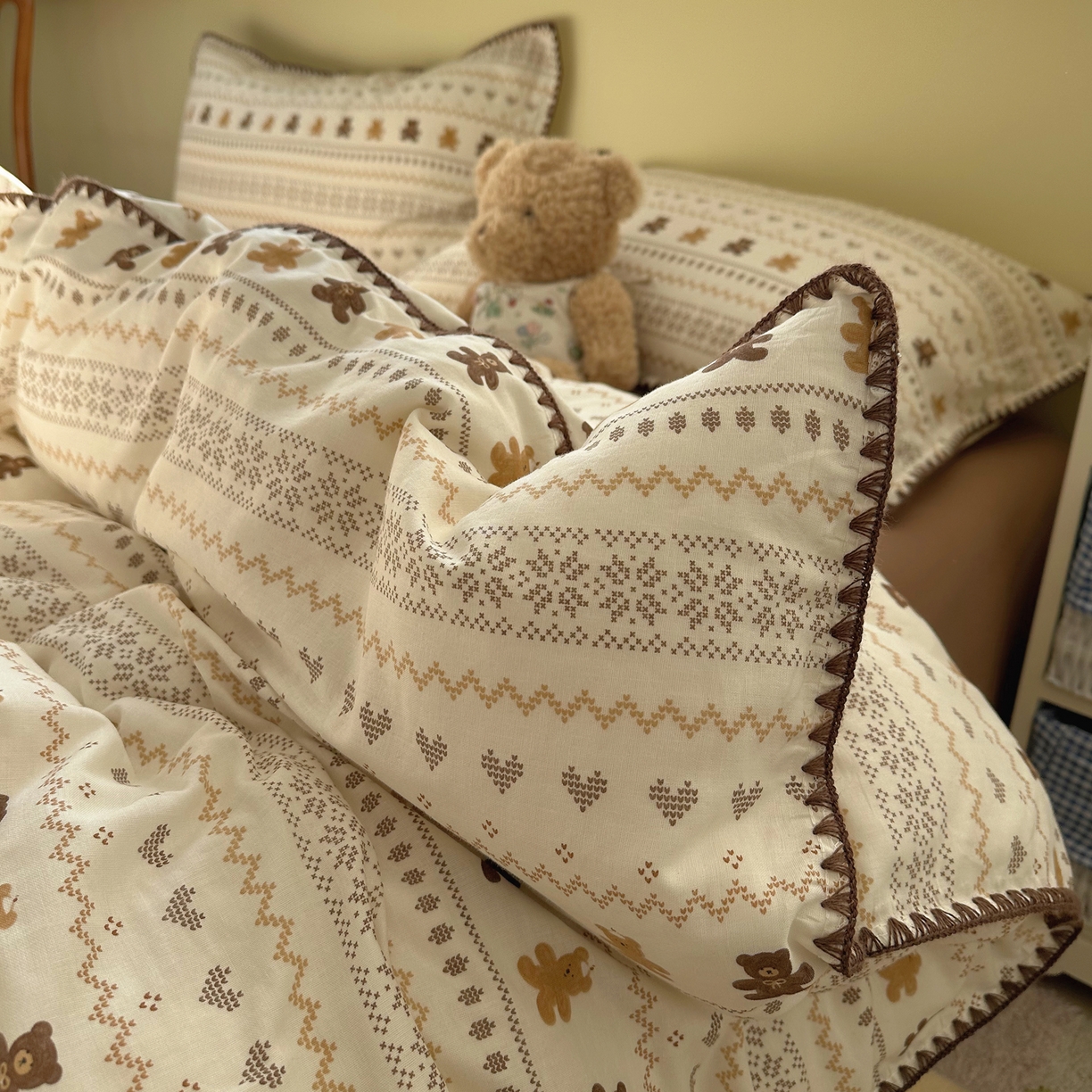 91家纺网 家纺一手货源 找家纺 瑞莱 2026新款A类全棉纯棉有氧双层纱四件套 费尔岛小熊