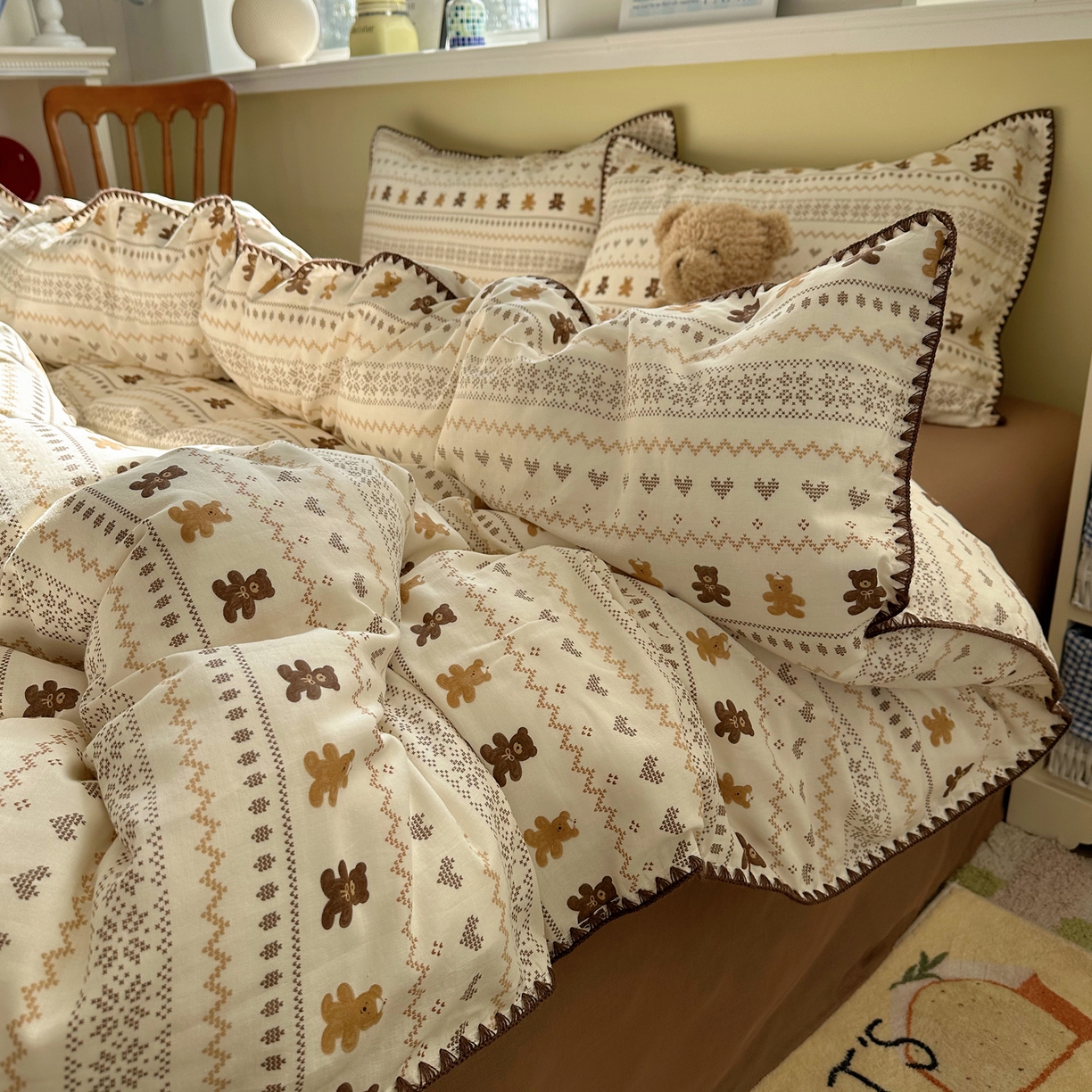 91家纺网 家纺一手货源 找家纺 瑞莱 2026新款A类全棉纯棉有氧双层纱四件套 费尔岛小熊