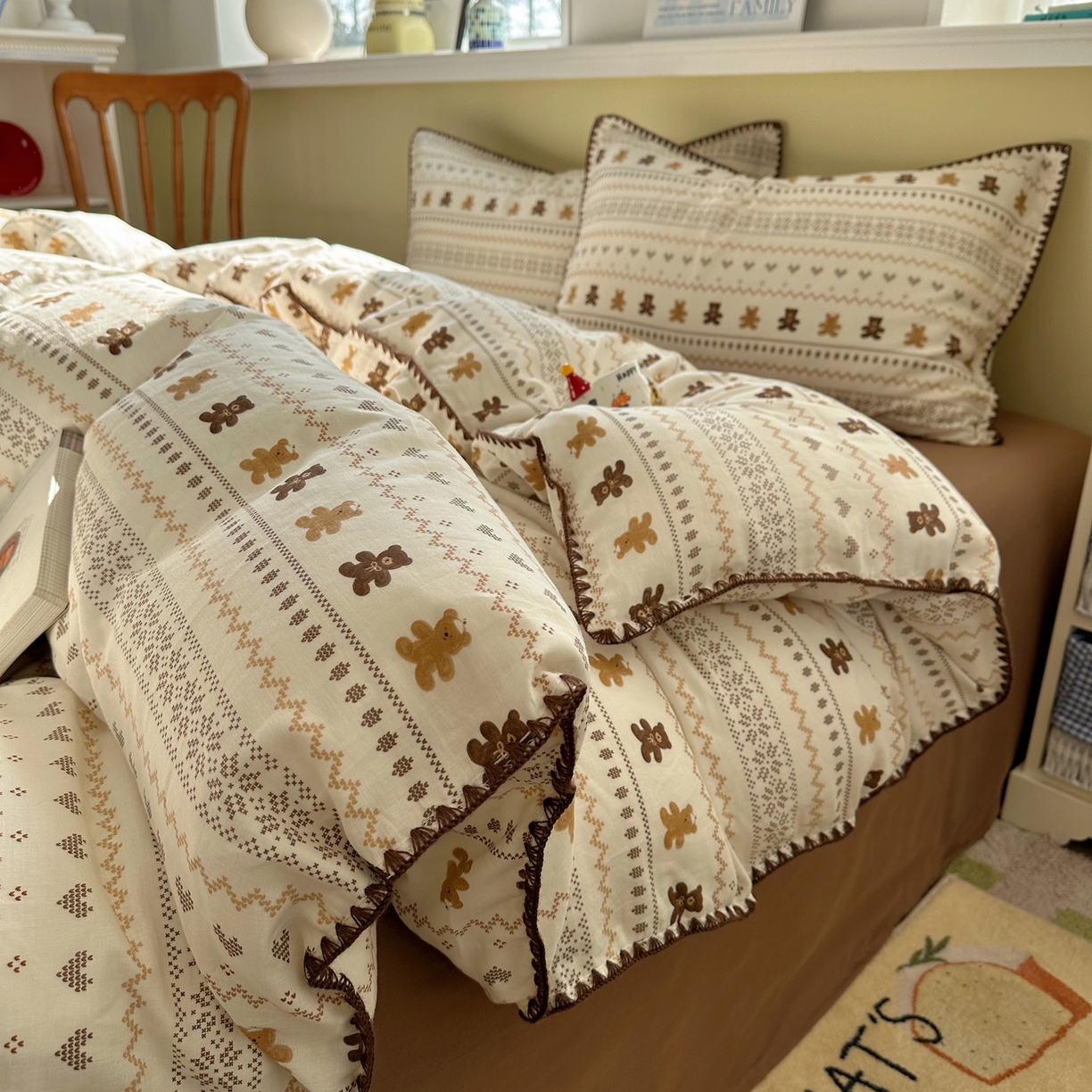 91家纺网 家纺一手货源 找家纺 瑞莱 2026新款A类全棉纯棉有氧双层纱四件套 费尔岛小熊