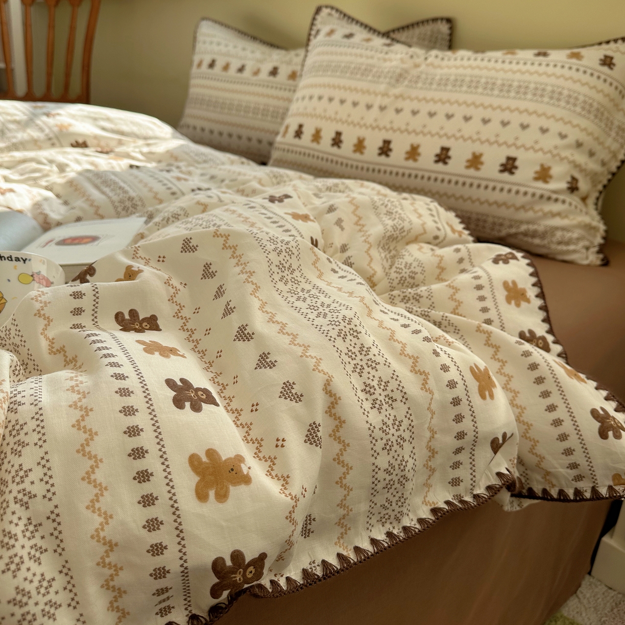 91家纺网 家纺一手货源 找家纺 瑞莱 2026新款A类全棉纯棉有氧双层纱四件套 费尔岛小熊