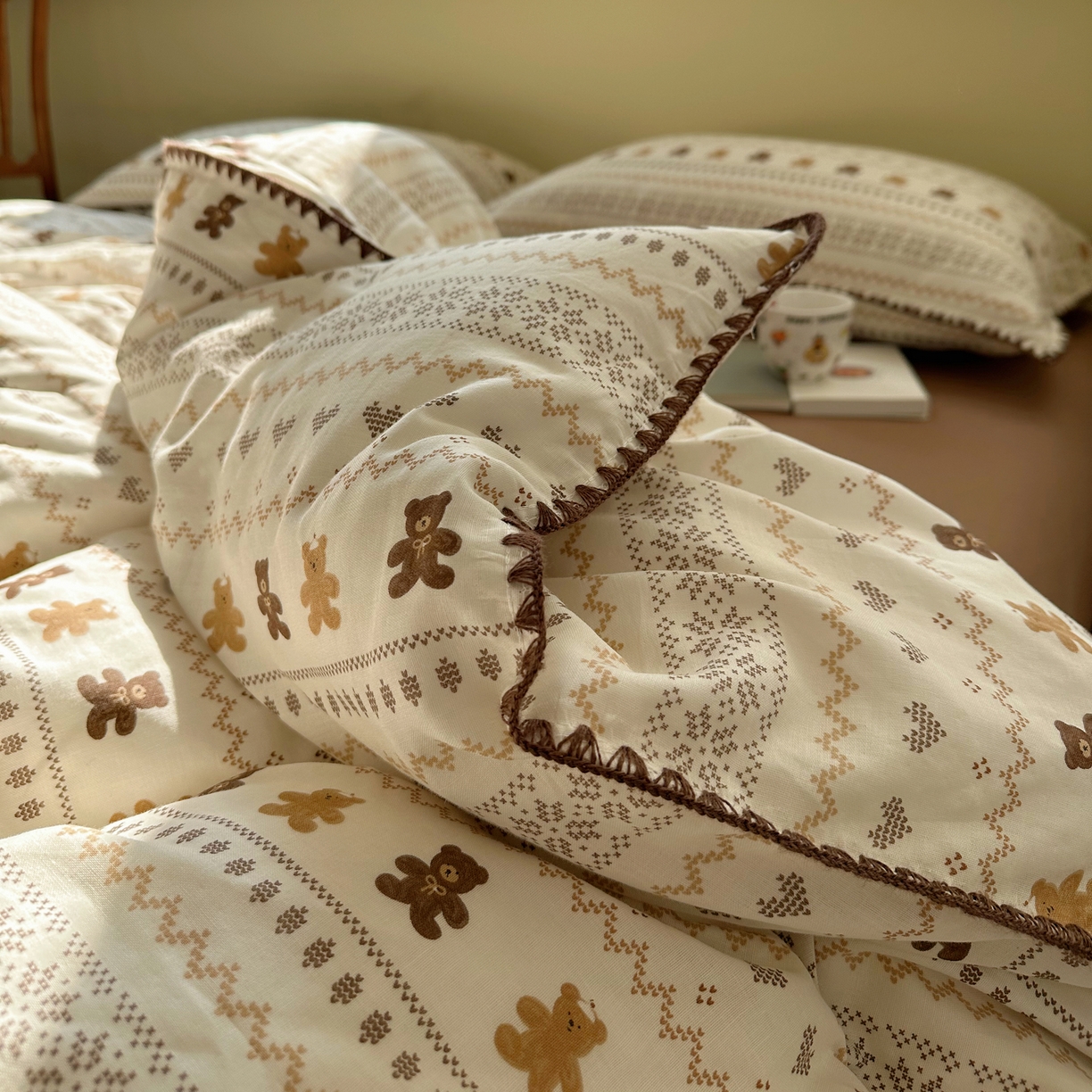 91家纺网 家纺一手货源 找家纺 瑞莱 2026新款A类全棉纯棉有氧双层纱四件套 费尔岛小熊