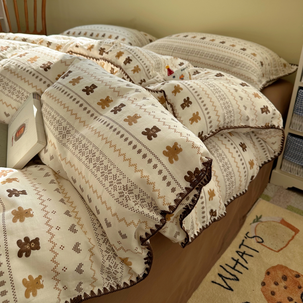 91家纺网 家纺一手货源 找家纺 瑞莱 2026新款A类全棉纯棉有氧双层纱四件套 费尔岛小熊