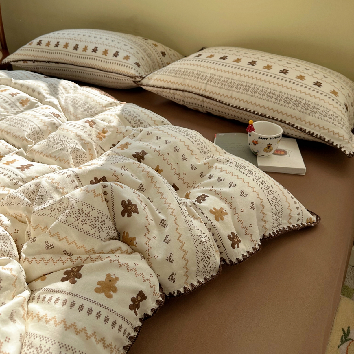 91家纺网 家纺一手货源 找家纺 瑞莱 2026新款A类全棉纯棉有氧双层纱四件套 费尔岛小熊