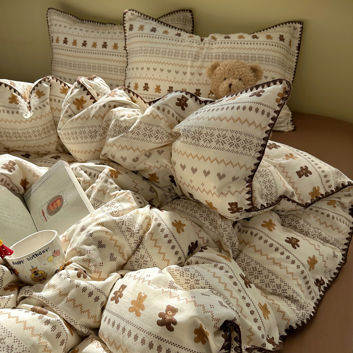 91家纺网 家纺一手货源 找家纺 瑞莱 2026新款A类全棉纯棉有氧双层纱四件套 费尔岛小熊