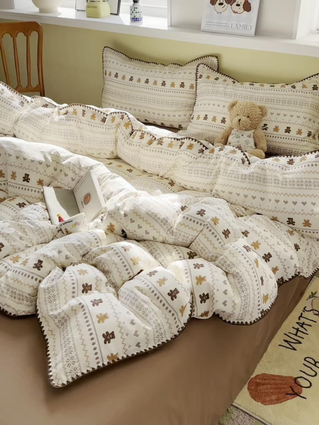 91家纺网 家纺一手货源 找家纺 瑞莱 2026新款A类全棉纯棉有氧双层纱四件套 费尔岛小熊