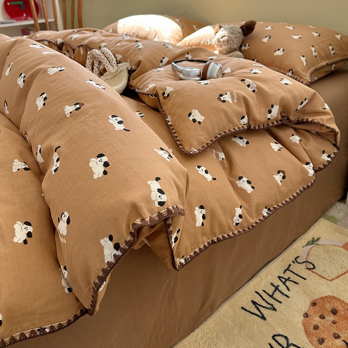 91家纺网 家纺一手货源 找家纺 瑞莱 2026新款A类全棉纯棉有氧双层纱四件套 焦糖奶汪-桔