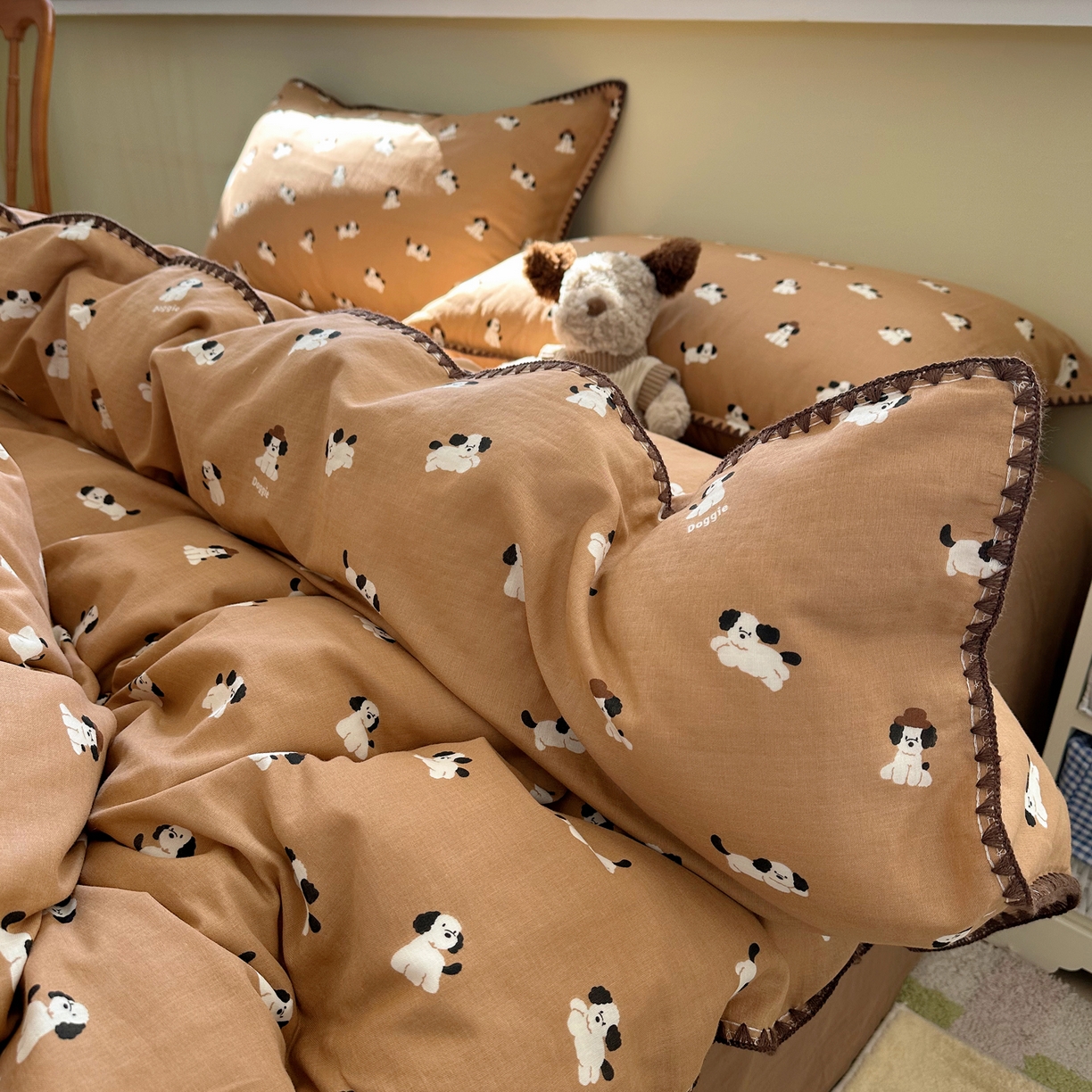 91家纺网 家纺一手货源 找家纺 瑞莱 2026新款A类全棉纯棉有氧双层纱四件套 焦糖奶汪-桔