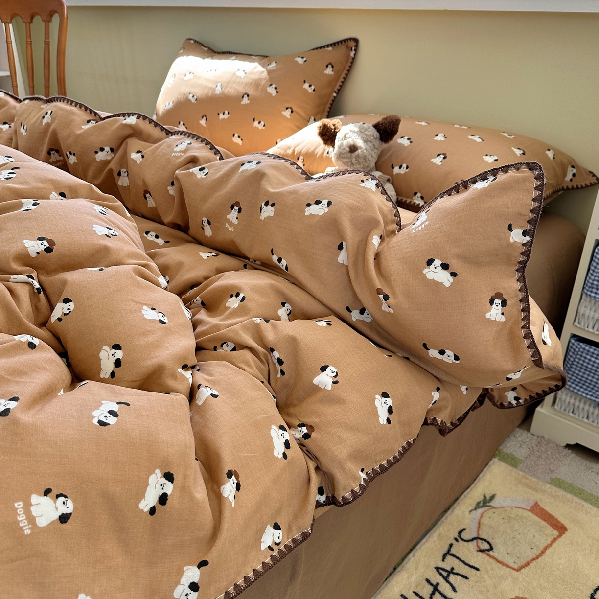 91家纺网 家纺一手货源 找家纺 瑞莱 2026新款A类全棉纯棉有氧双层纱四件套 焦糖奶汪-桔