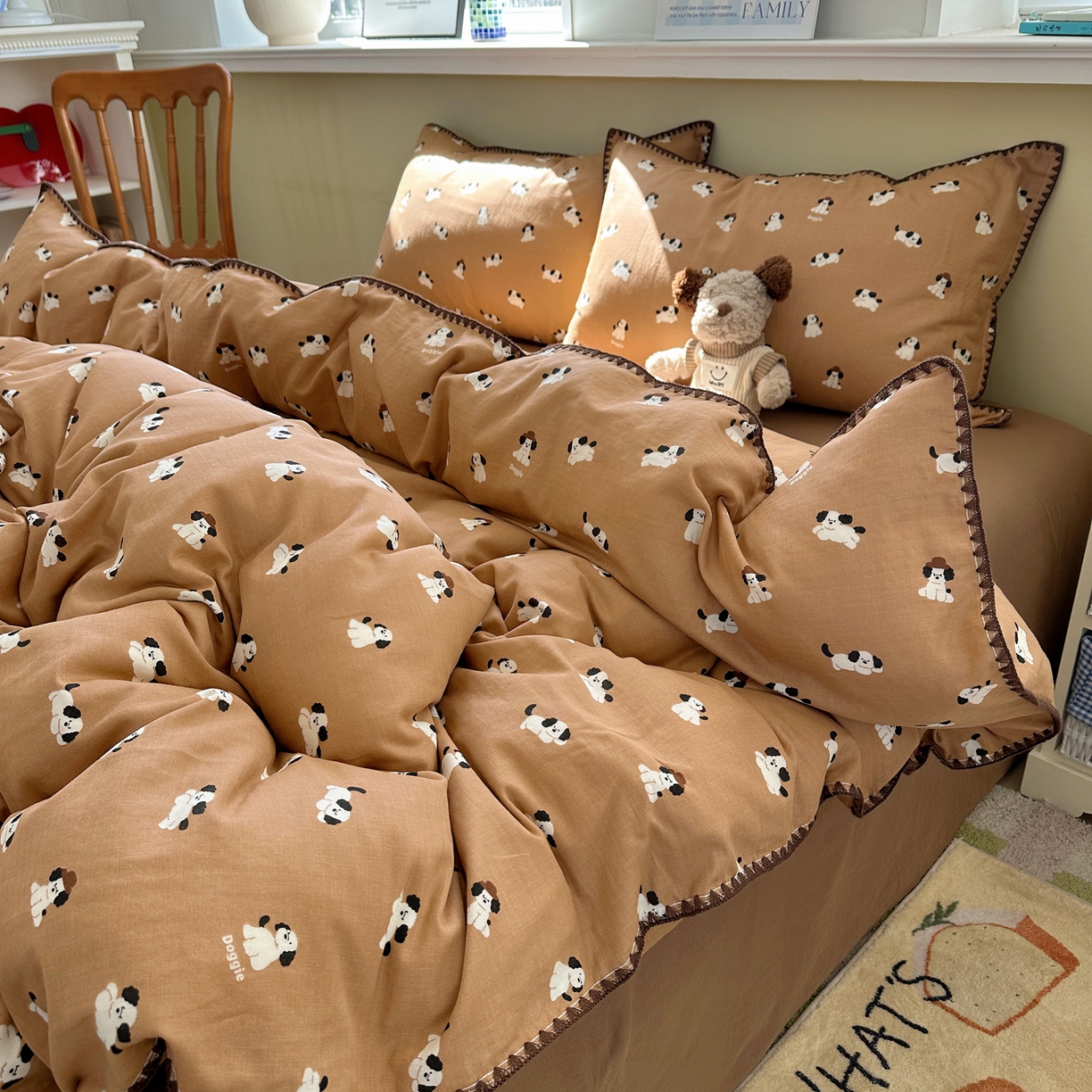 91家纺网 家纺一手货源 找家纺 瑞莱 2026新款A类全棉纯棉有氧双层纱四件套 焦糖奶汪-桔