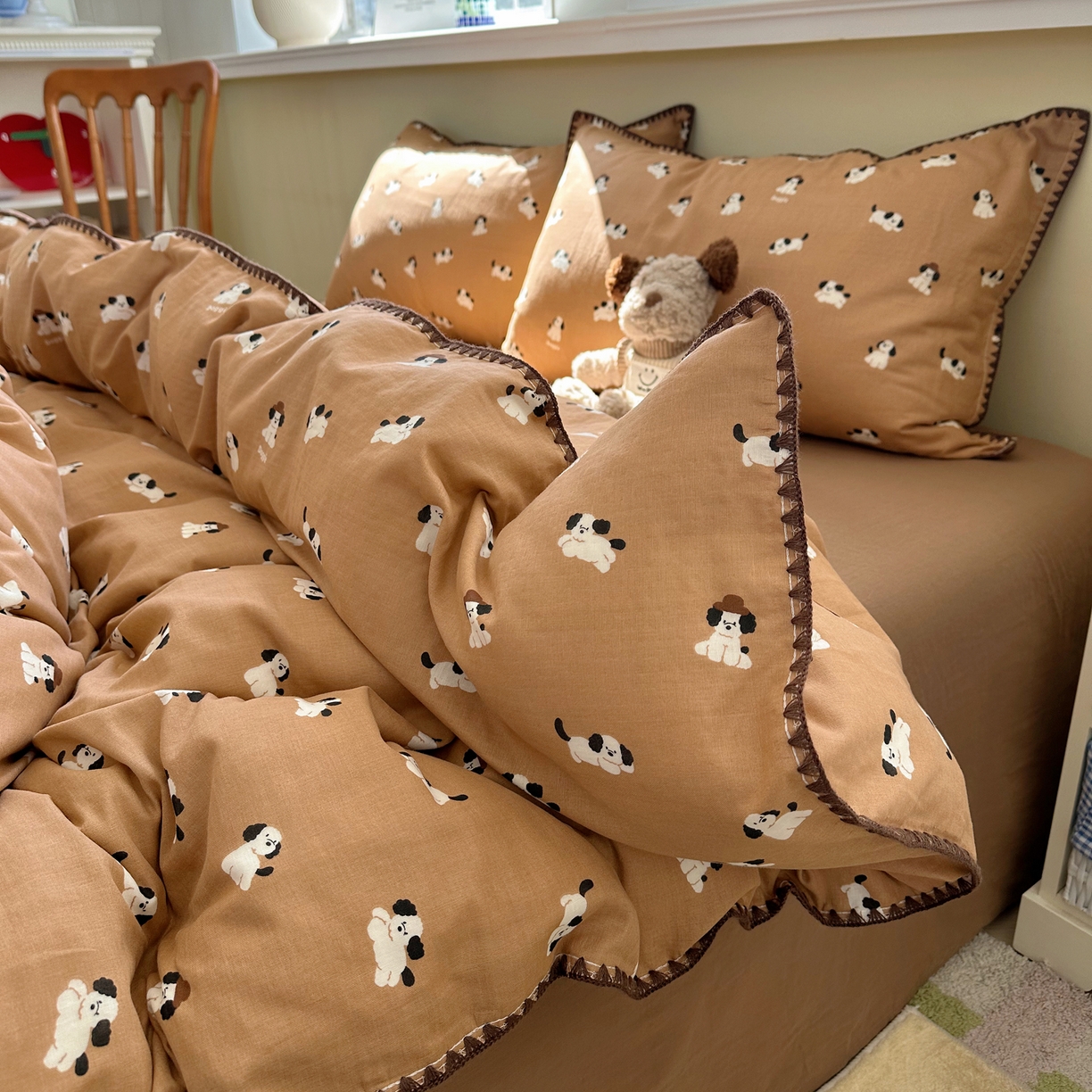 91家纺网 家纺一手货源 找家纺 瑞莱 2026新款A类全棉纯棉有氧双层纱四件套 焦糖奶汪-桔