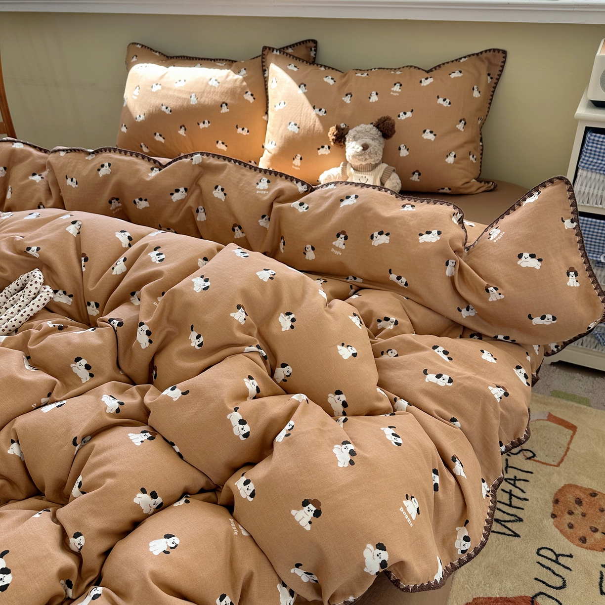 91家纺网 家纺一手货源 找家纺 瑞莱 2026新款A类全棉纯棉有氧双层纱四件套 焦糖奶汪-桔