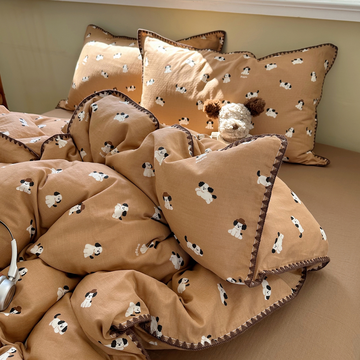 91家纺网 家纺一手货源 找家纺 瑞莱 2026新款A类全棉纯棉有氧双层纱四件套 焦糖奶汪-桔