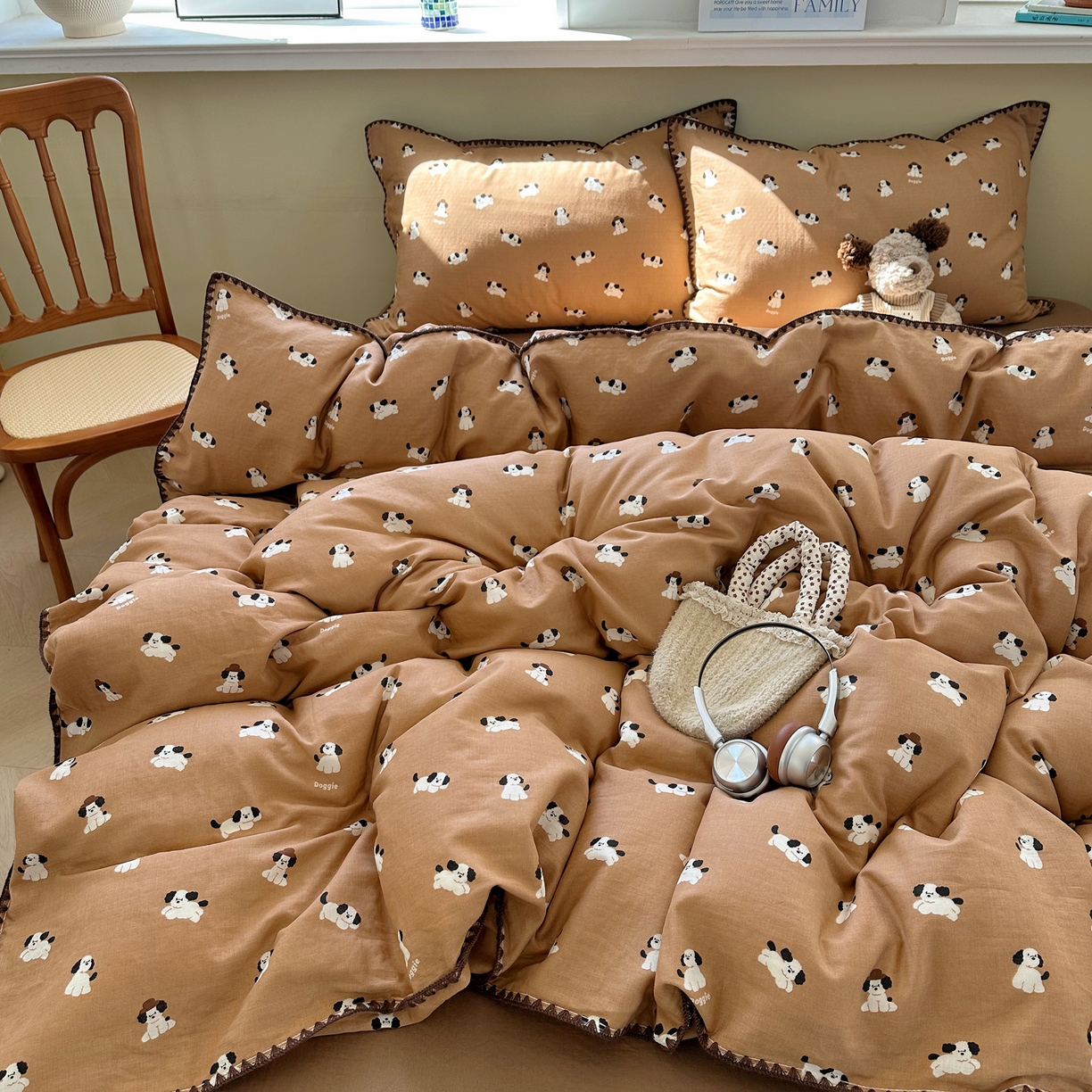 91家纺网 家纺一手货源 找家纺 瑞莱 2026新款A类全棉纯棉有氧双层纱四件套 焦糖奶汪-桔