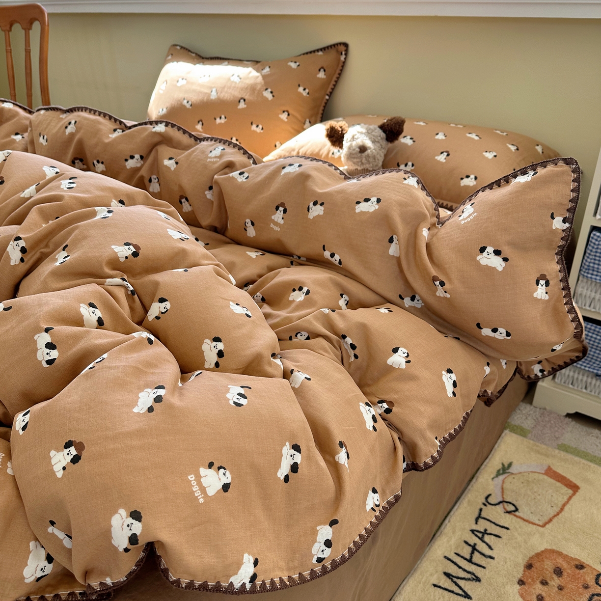 91家纺网 家纺一手货源 找家纺 瑞莱 2026新款A类全棉纯棉有氧双层纱四件套 焦糖奶汪-桔