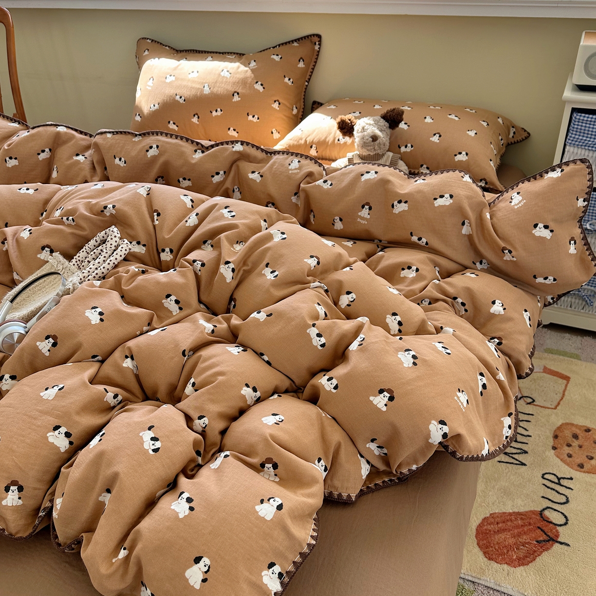 91家纺网 家纺一手货源 找家纺 瑞莱 2026新款A类全棉纯棉有氧双层纱四件套 焦糖奶汪-桔