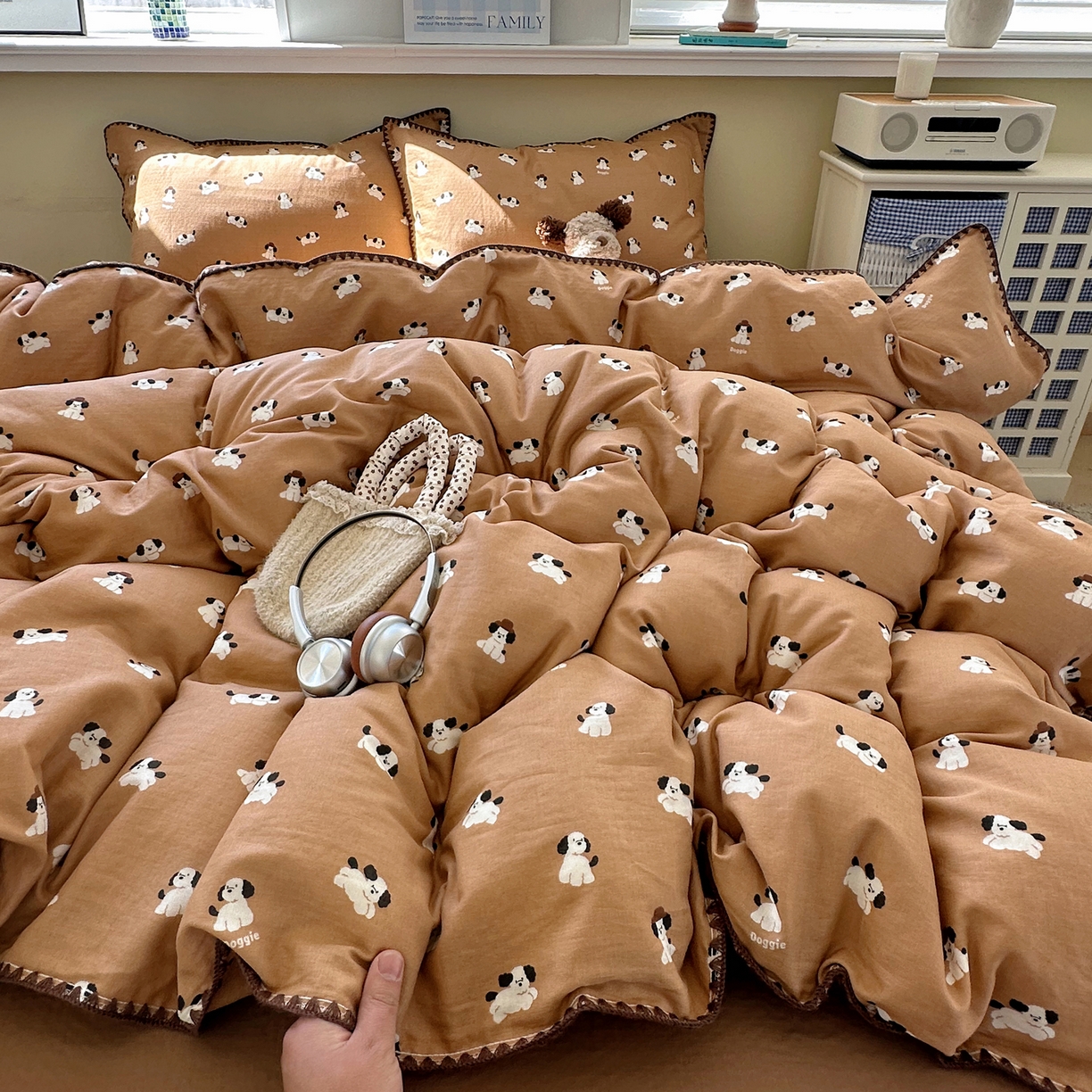 91家纺网 家纺一手货源 找家纺 瑞莱 2026新款A类全棉纯棉有氧双层纱四件套 焦糖奶汪-桔