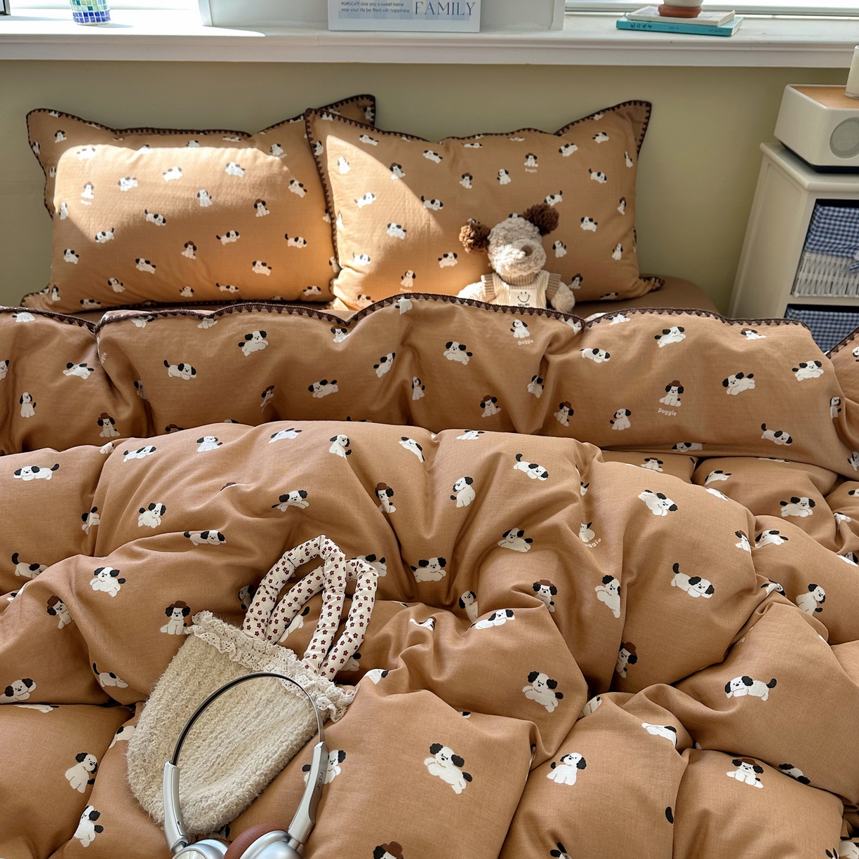 91家纺网 家纺一手货源 找家纺 瑞莱 2026新款A类全棉纯棉有氧双层纱四件套 焦糖奶汪-桔